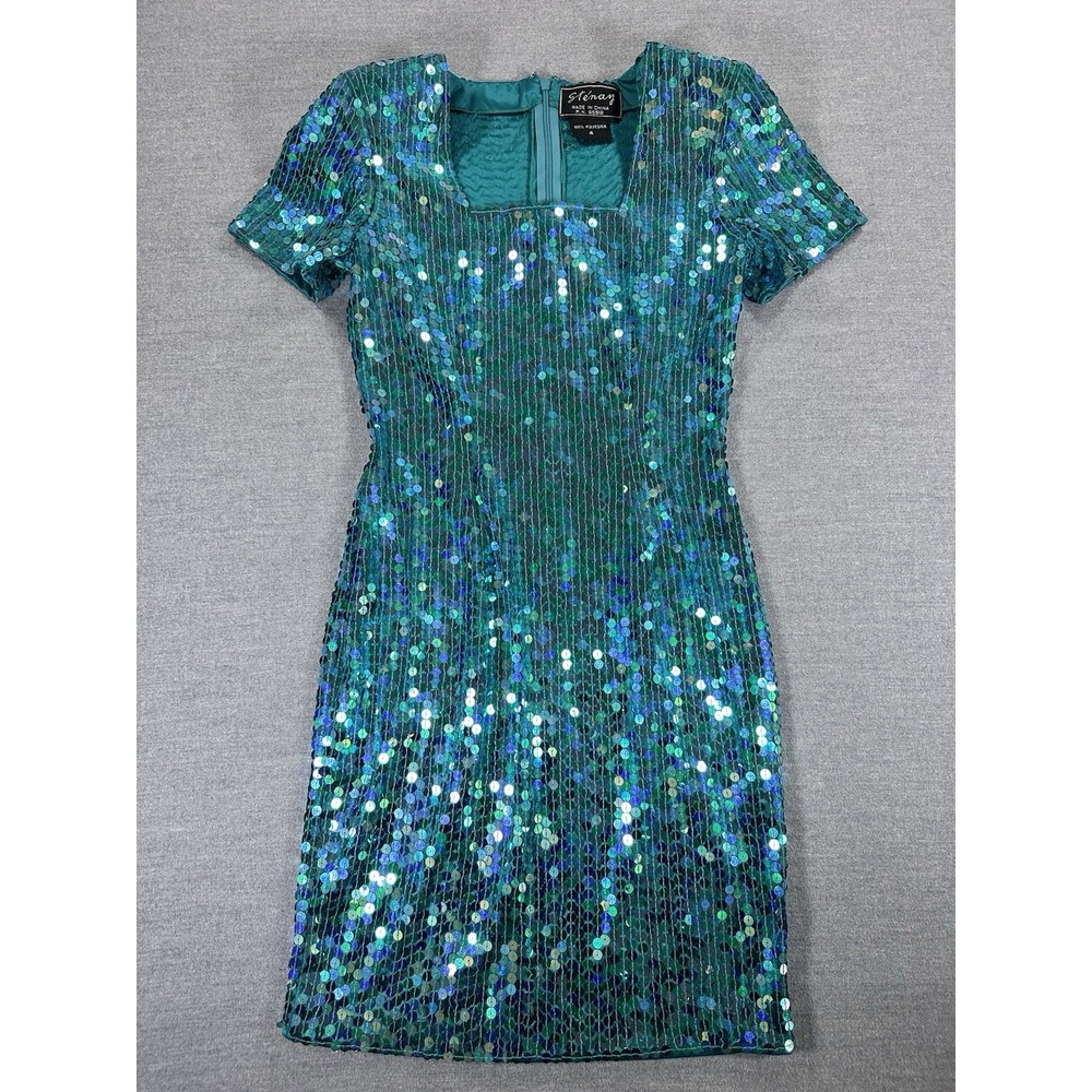Vintage Stenay Sequin Dress Size 4 Teal Iridescent 80s 90s Cocktail Party